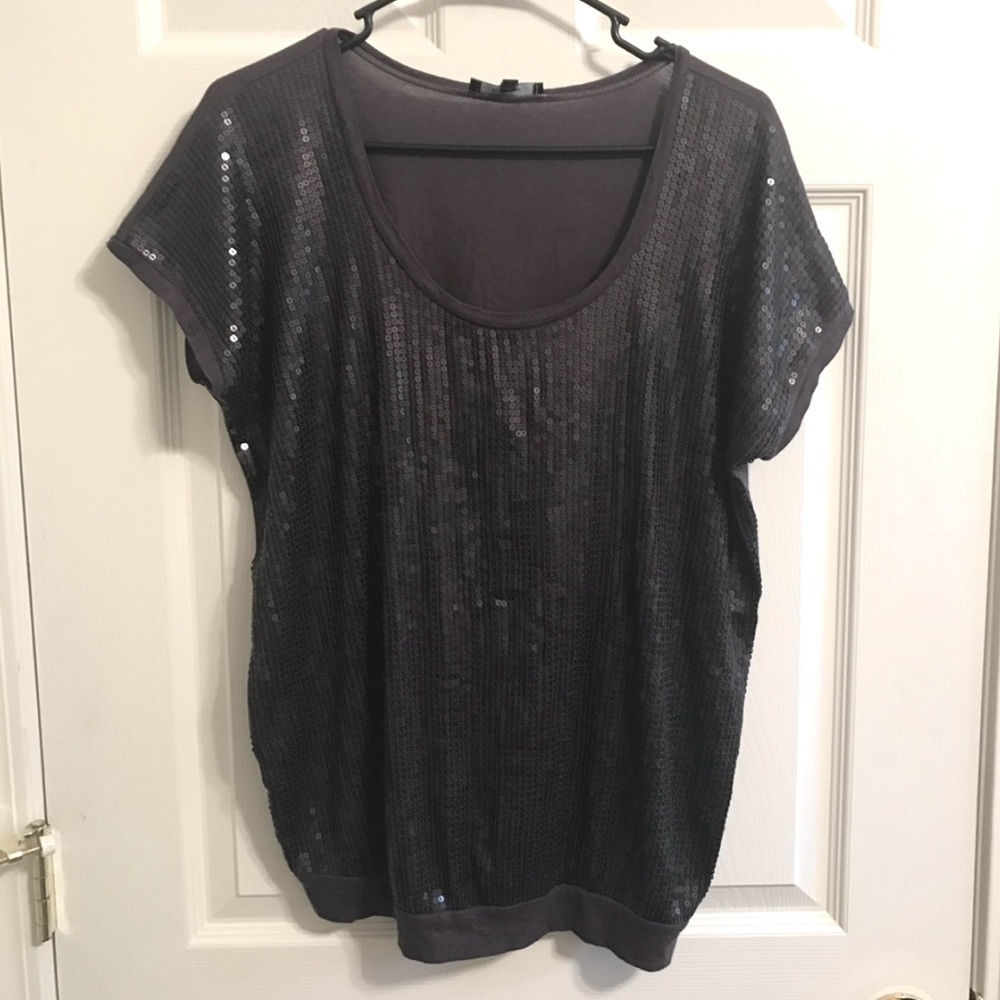 Express Dark Gray Sequin Embellished Top Scoop Neck Women’s Small Sparkly Party